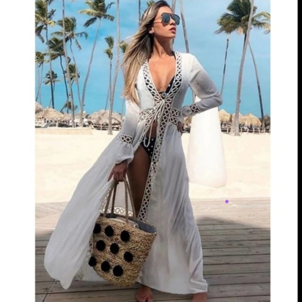 NWT White Linen Like  Long Sleeve sheer tie front swim crochet coverup Kimono